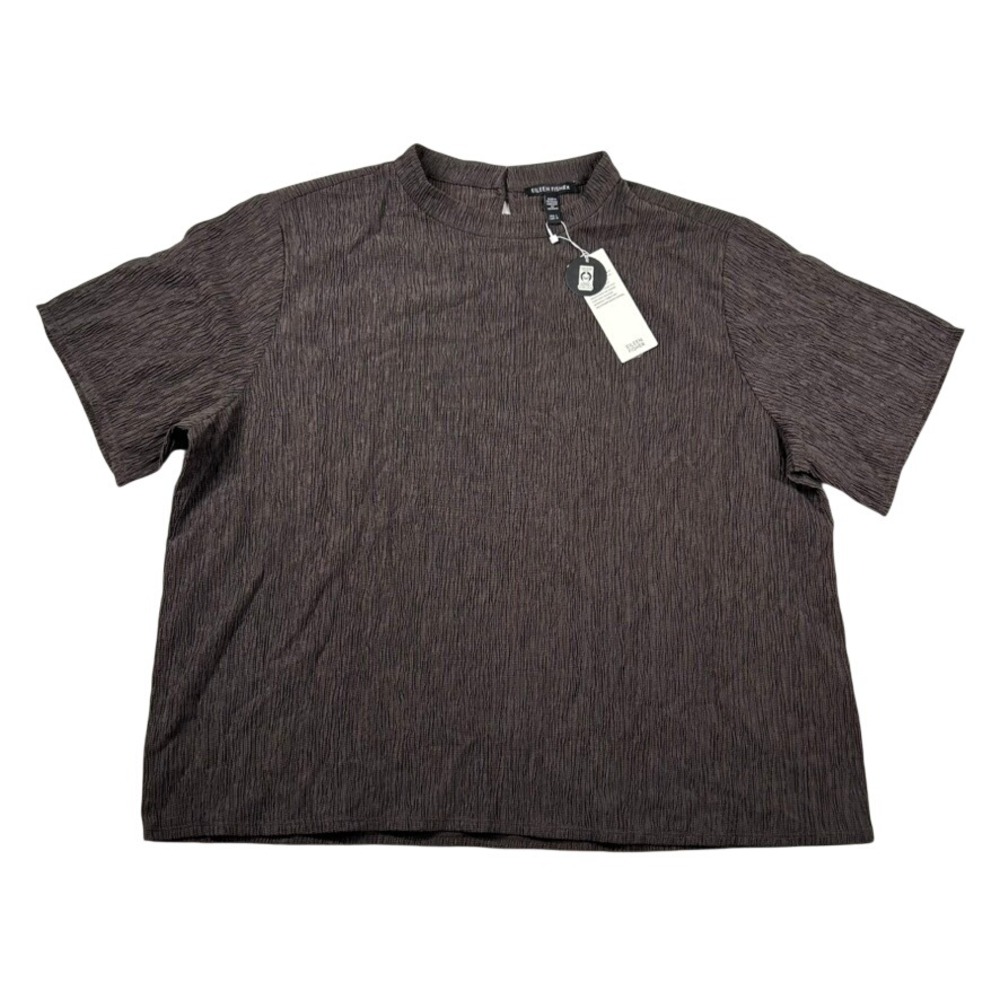 Eileen Fisher Top Womens Large Rye Brown Crinkle Mock Neck Short Sleeve Career